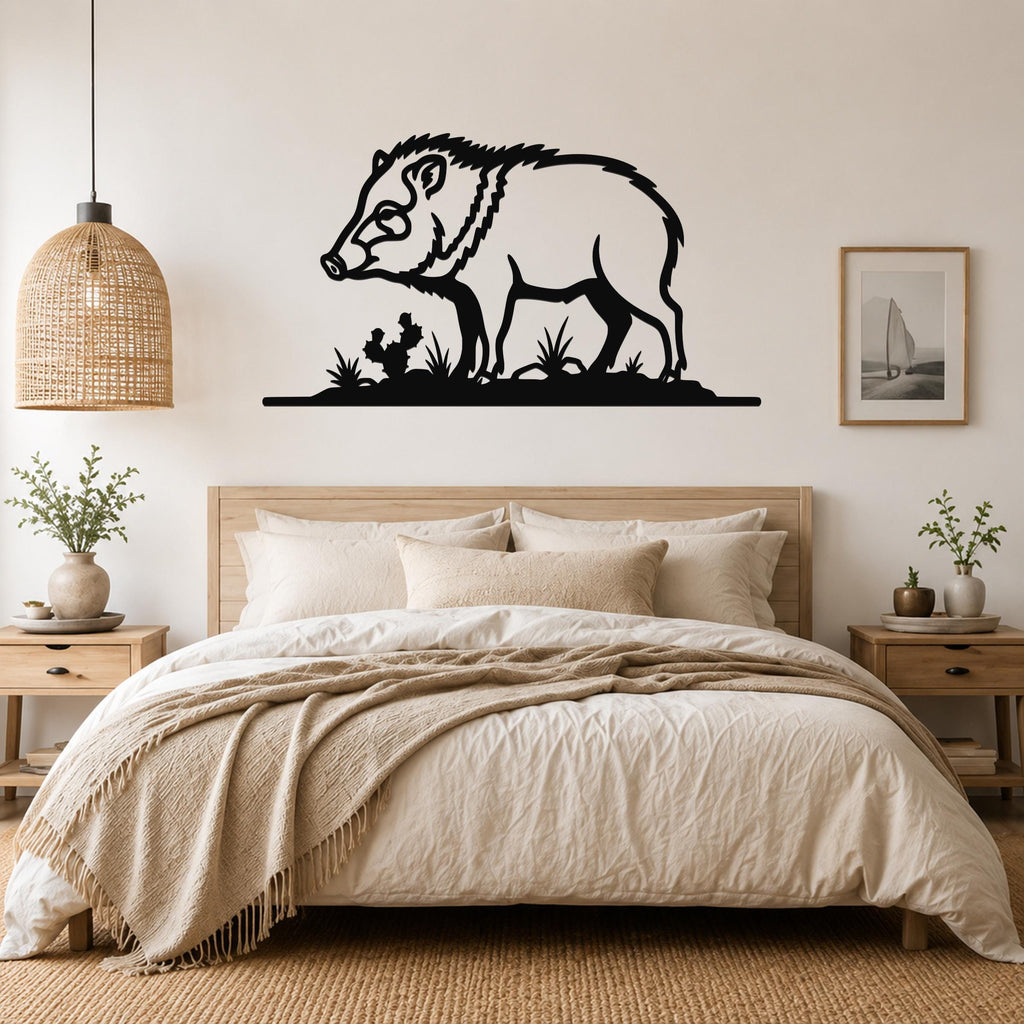 Black metal javelina wall art with grass and cactus cutouts, mounted above a bed in a neutral bedroom.