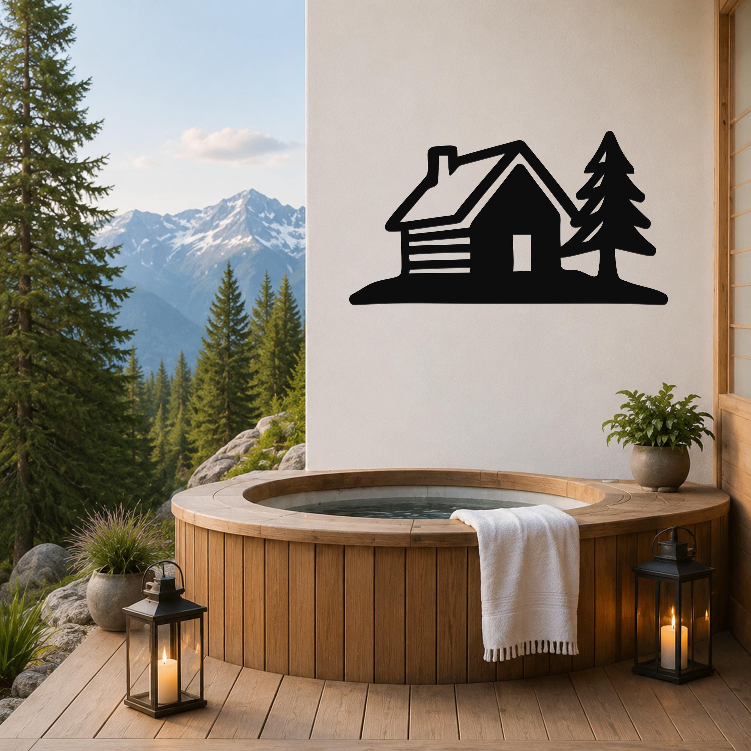 Black metal wall art silhouette of a cabin and pine tree, mounted on a white wall above a wooden hot tub on a mountain-view deck.