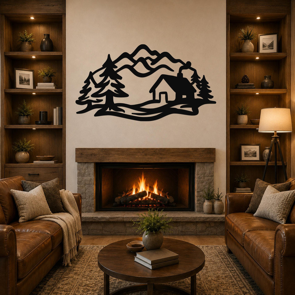 Black metal wall art with a mountain cabin and pine tree silhouette, mounted above a fireplace in a rustic living room.