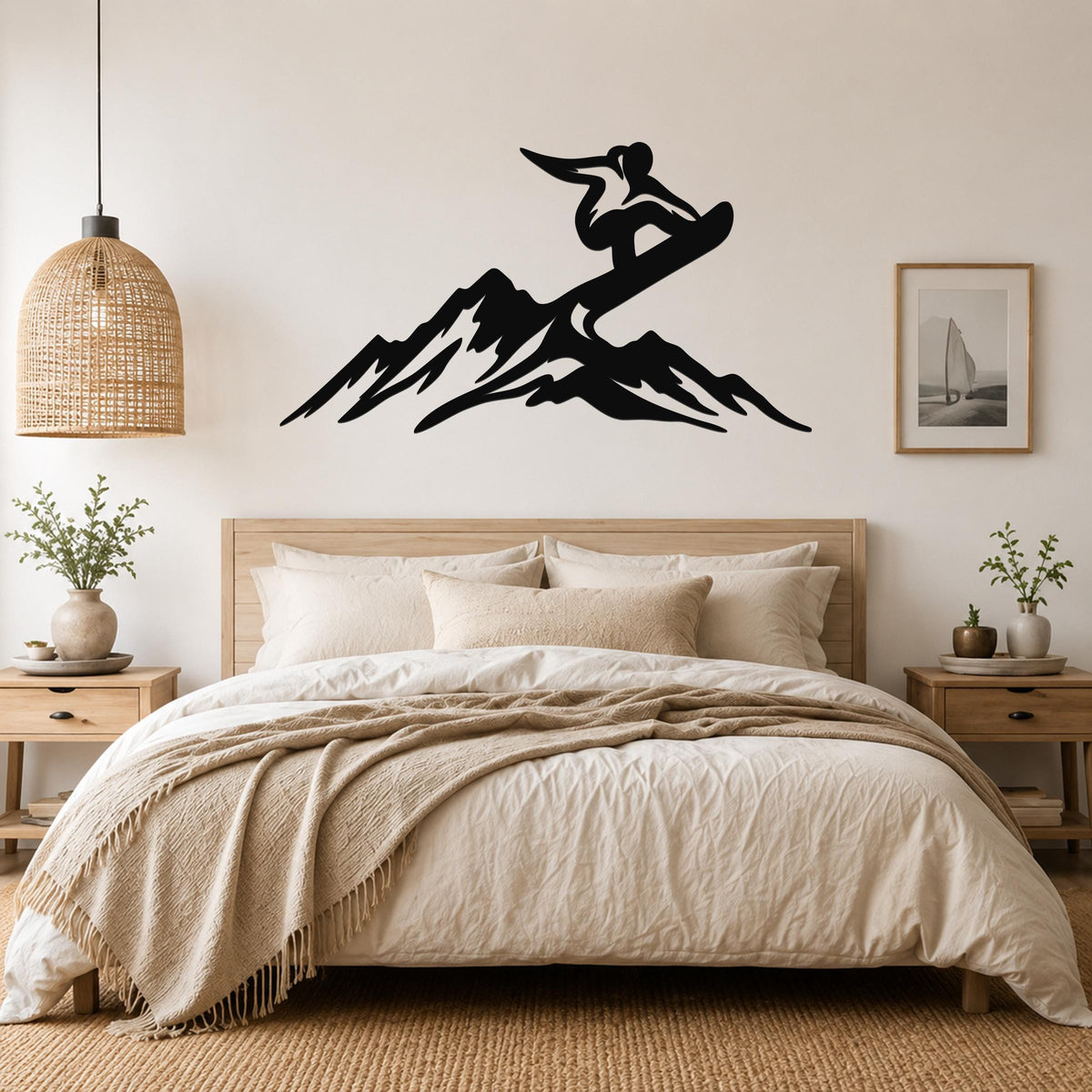 Black metal wall art silhouette of a snowboarder on a mountain, mounted above a bed in a bedroom.