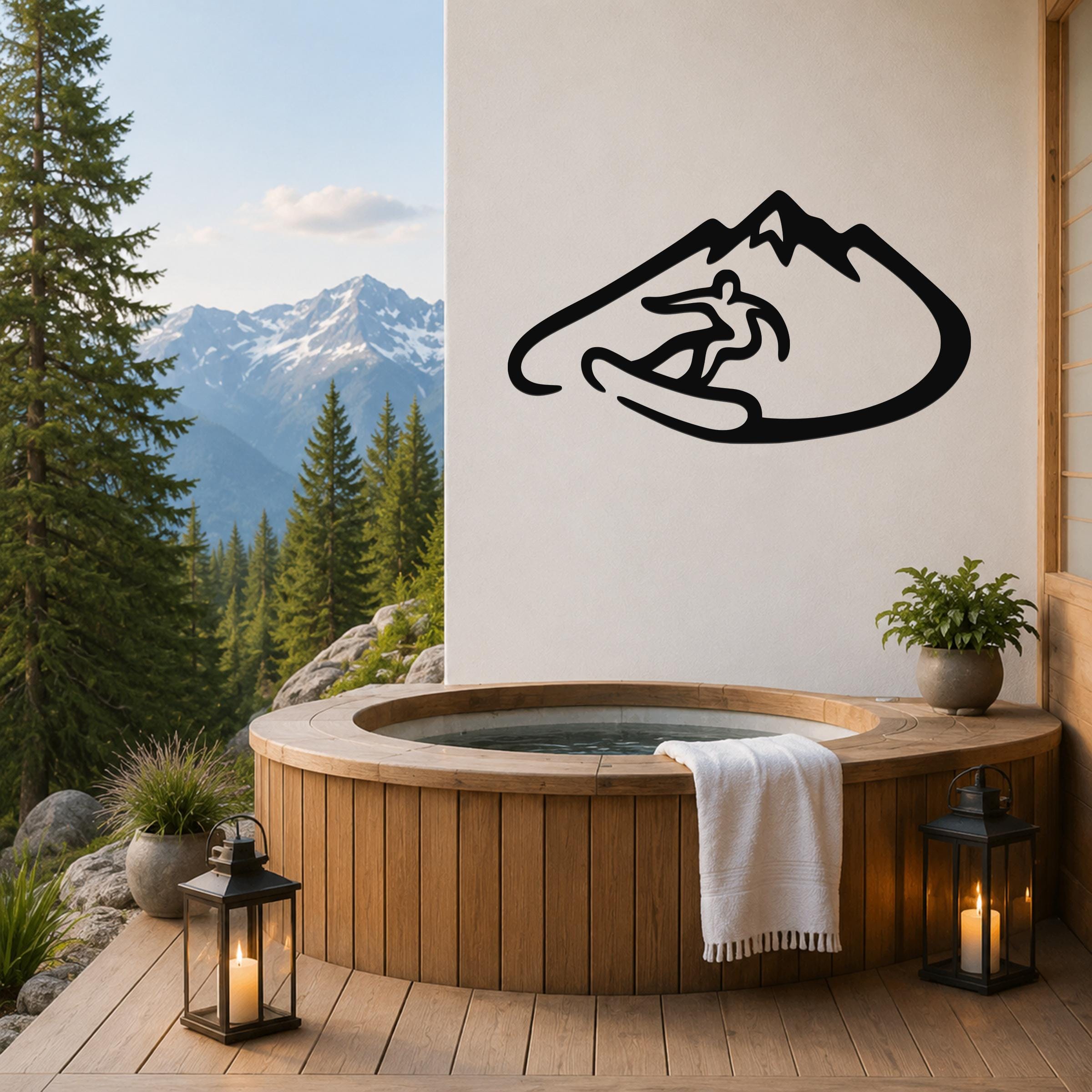 Black metal wall art featuring a minimalist silhouette of a snowboarder in a mountain, mounted on a white wall above a wooden hot tub on a deck with a mountain view.