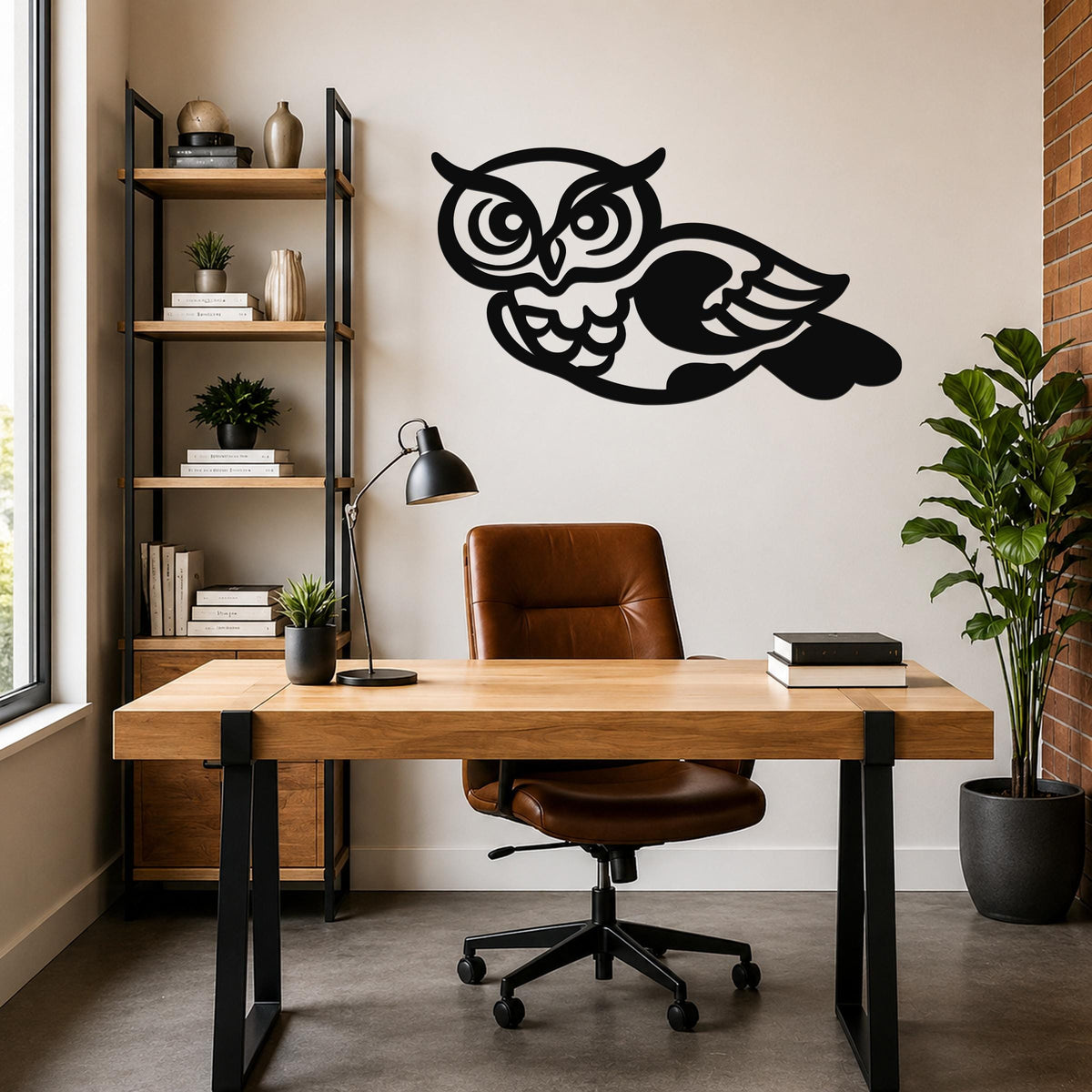 Black metal owl wall art with cutout eyes and wings, mounted above a wooden desk in a home office.