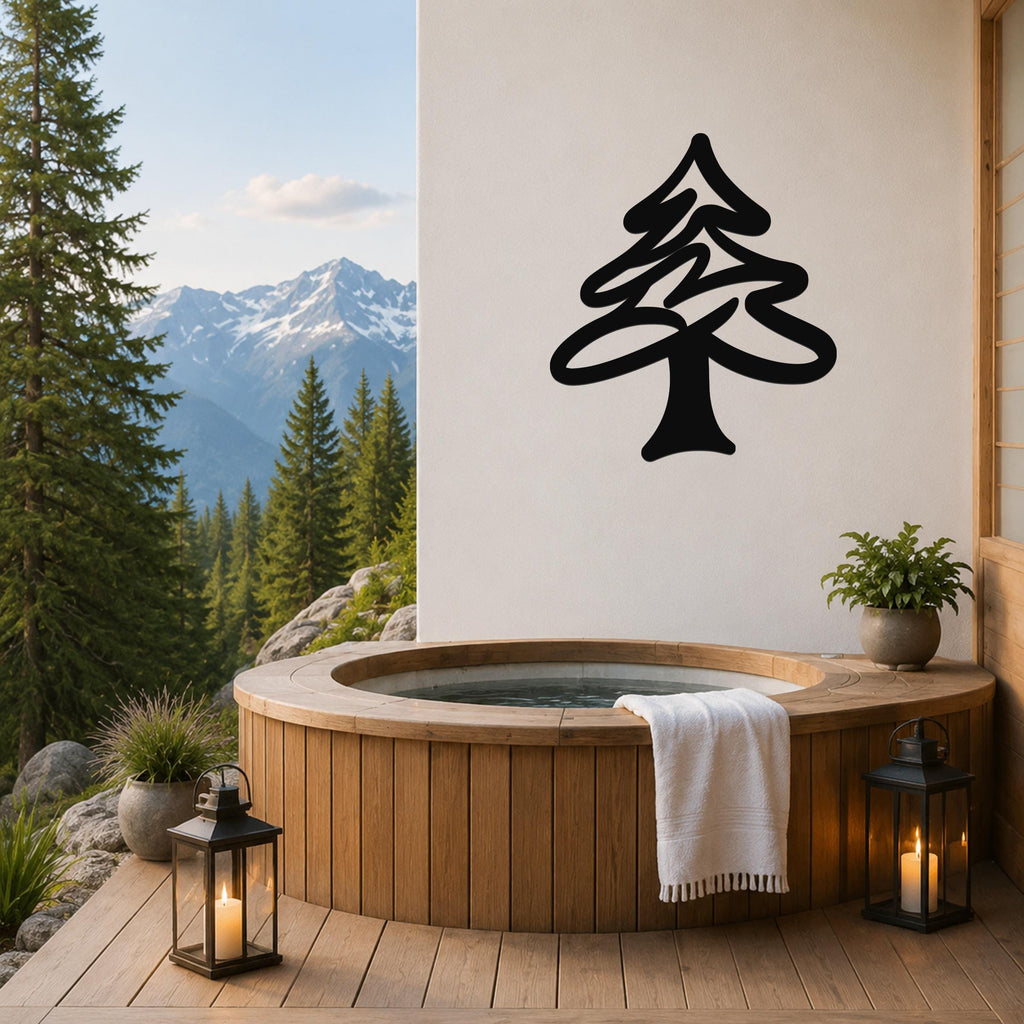 Black metal pine tree wall art silhouette mounted on a white wall above a wooden hot tub on a mountain-view deck.
