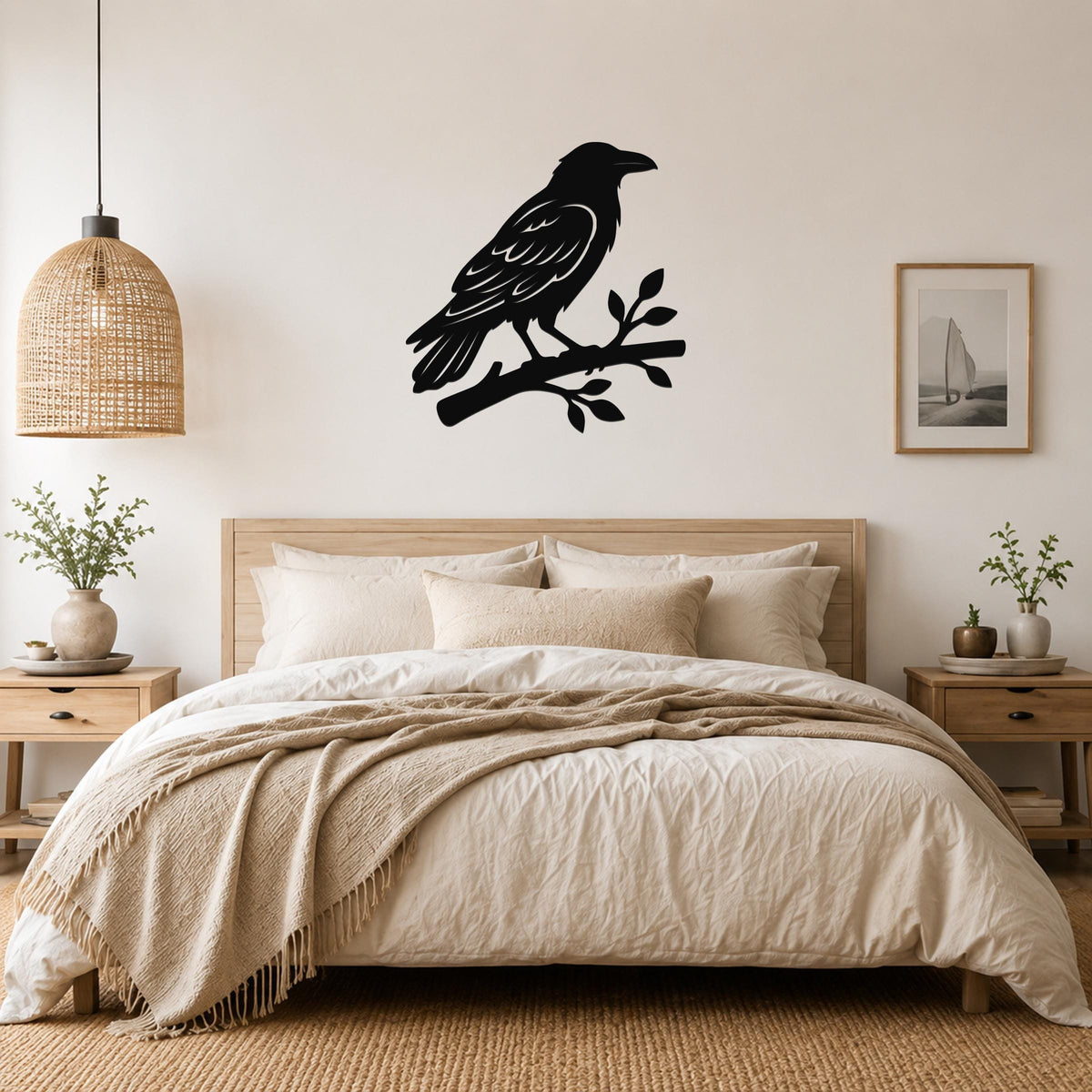 Black metal raven wall art silhouette perched on a branch, mounted above a bed in a neutral bedroom.