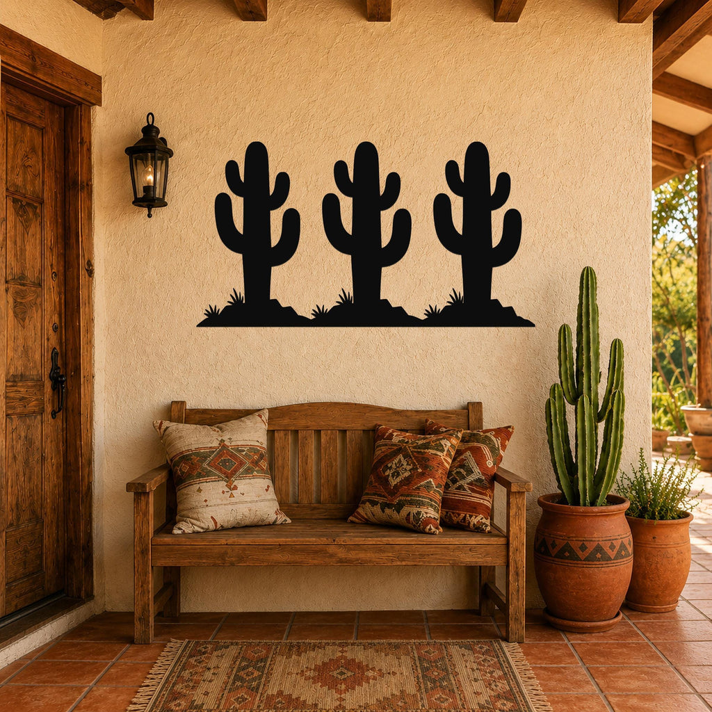 Black metal wall art featuring three saguaro cactus silhouettes with spines and base grass, mounted on a stucco wall above a wooden bench in a patio entryway.