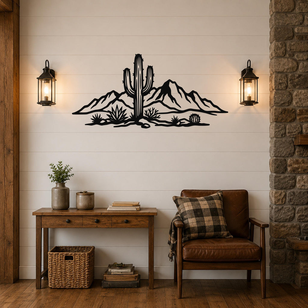 Black metal wall art silhouette of a saguaro cactus and desert mountains, mounted on a shiplap wall above a wooden console table in a living room.