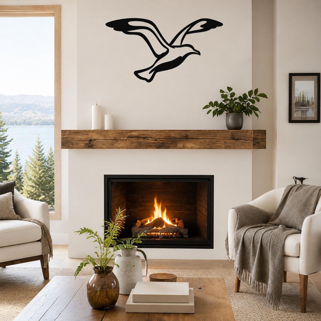 Black metal seagull wall art with motion-line cutouts, mounted above a fireplace in a living room.