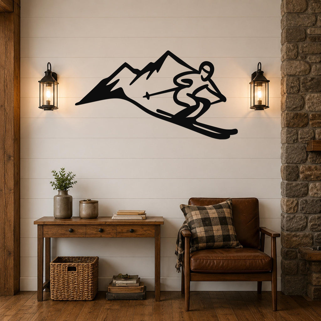 Black metal wall art cutout of a skier descending a mountain, mounted on a shiplap wall above a wooden console table in a living room.