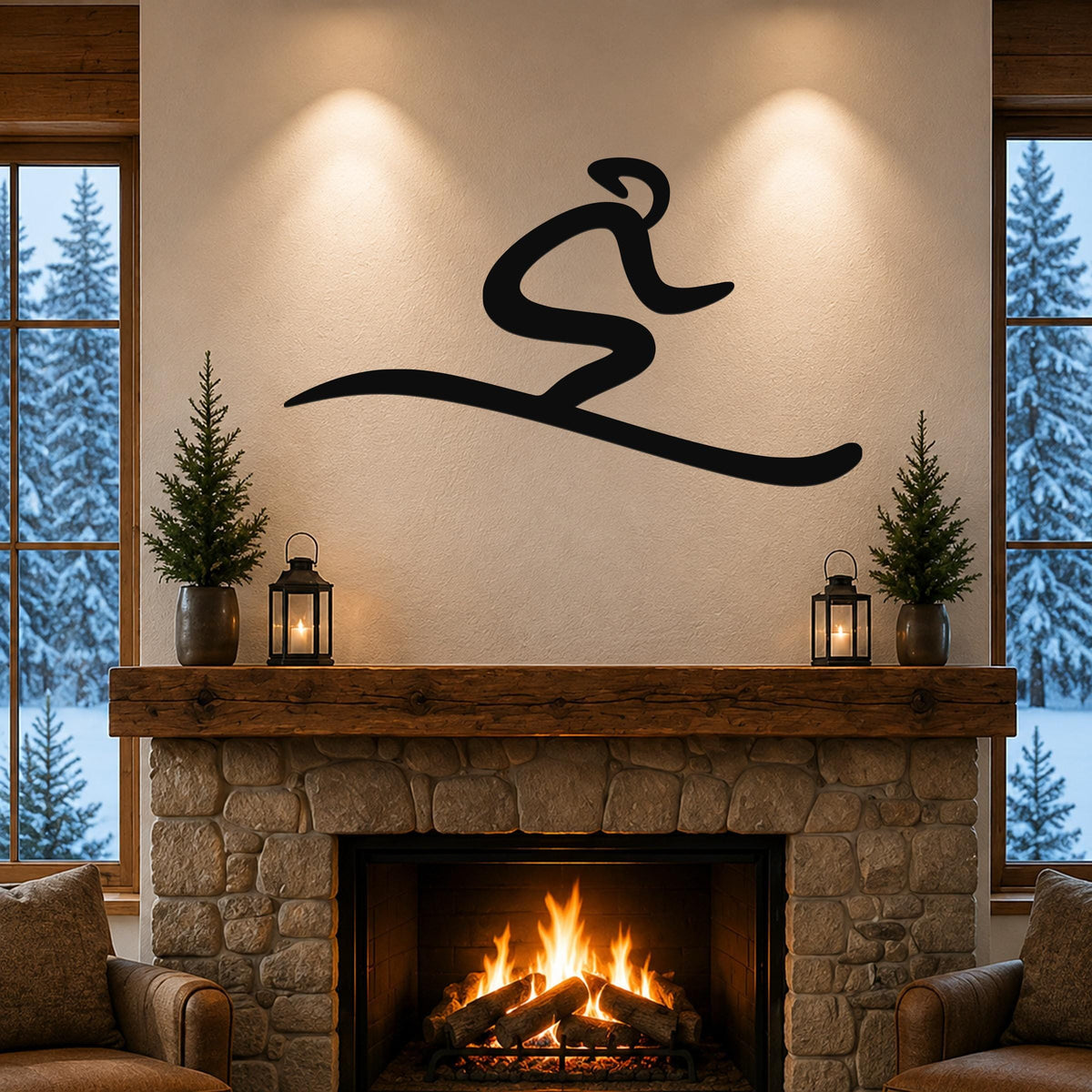 Black metal skiing wall art with a dynamic silhouette of a skier in motion, mounted above a stone fireplace in a cozy living room.