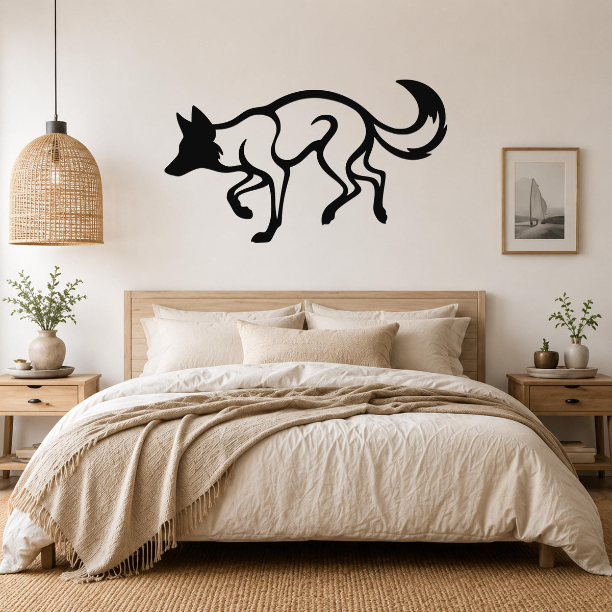 Black metal coyote wall art with a bold silhouette design, mounted above a bed in a neutral bedroom.
