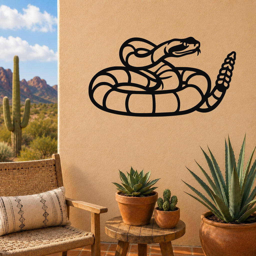 Black metal rattlesnake wall art with coiled silhouette and detailed tail, mounted on a tan outdoor wall above a small wooden table with potted succulents.