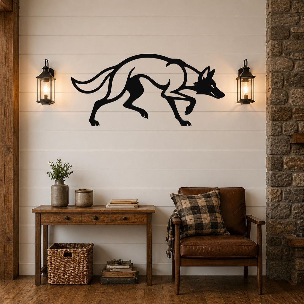 Black metal coyote wall art with motion-line cutouts, mounted on a shiplap wall above a wooden console table in a living room.