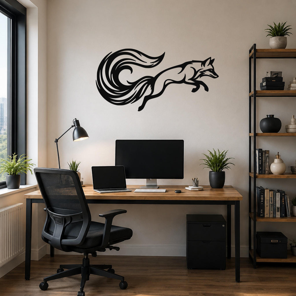 Black metal fox wall art with flowing tail cutout, mounted above a wooden desk in a home office.