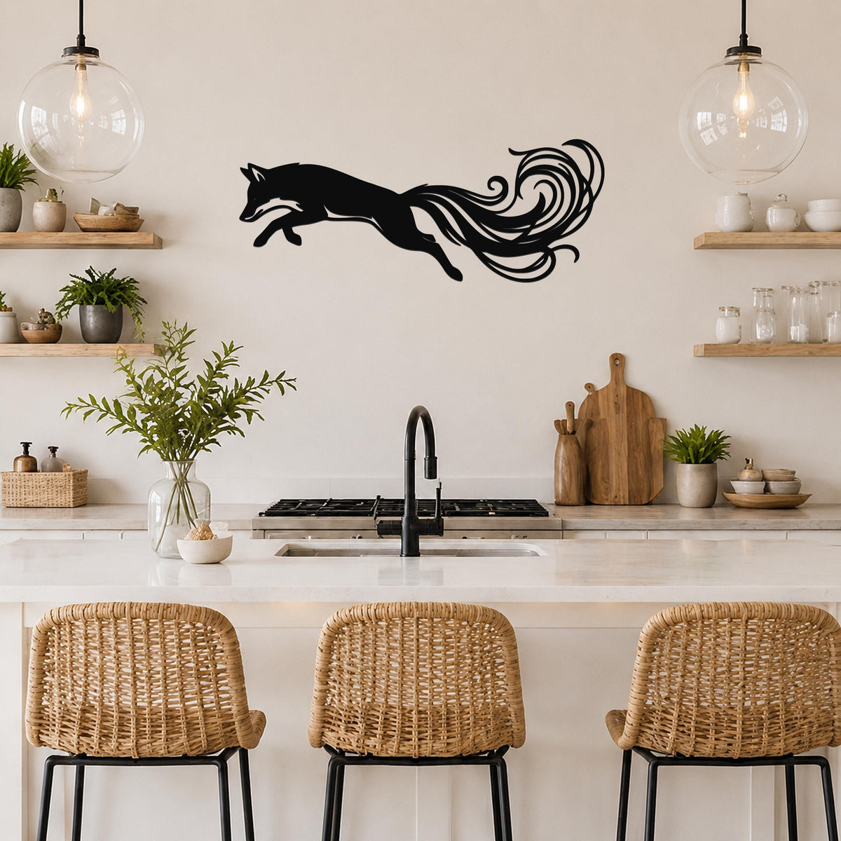 Black metal fox wall art with flowing tail cutouts, mounted above a kitchen counter in a modern kitchen.
