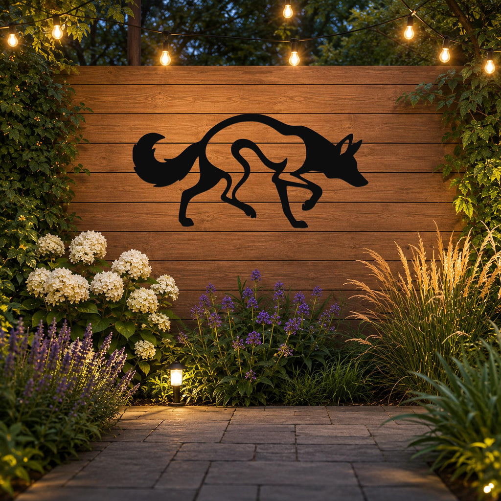Black metal coyote wall art silhouette mounted on a wooden fence in a garden, with string lights above and plants below.