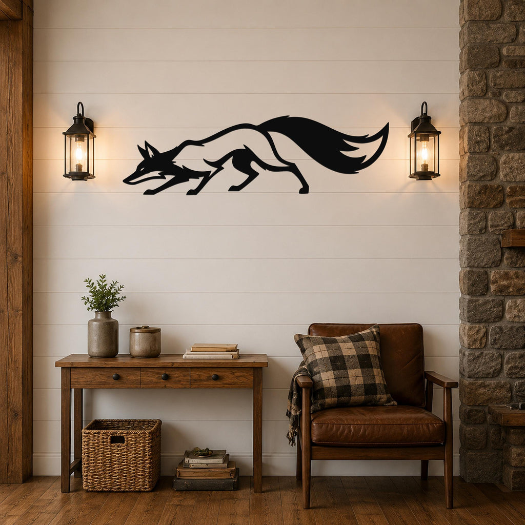 Black metal fox wall art silhouette with motion lines, mounted on a shiplap wall above a wooden console table in a living room.