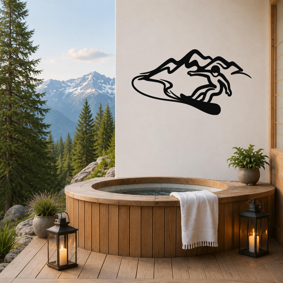 Black metal wall art silhouette of a snowboarder in motion above a mountain, mounted on a white wall above a wooden hot tub on a deck.
