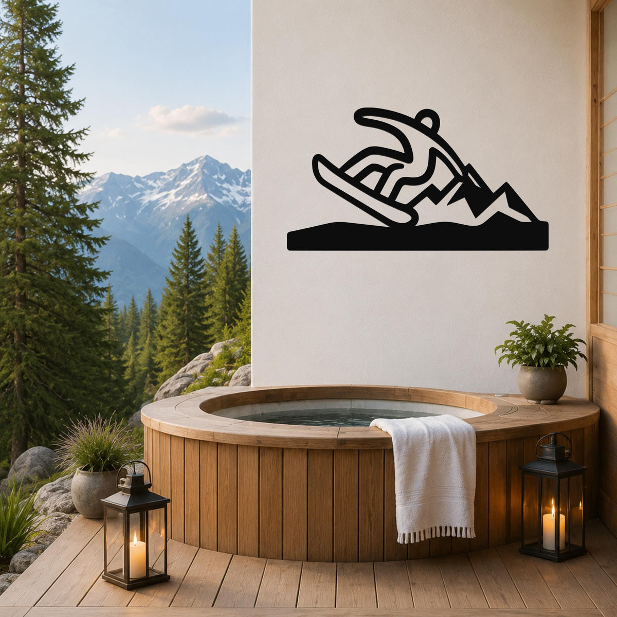 Black metal wall sculpture of a snowboarder in motion, mounted on a white wall above a wooden hot tub on a mountain-view deck.