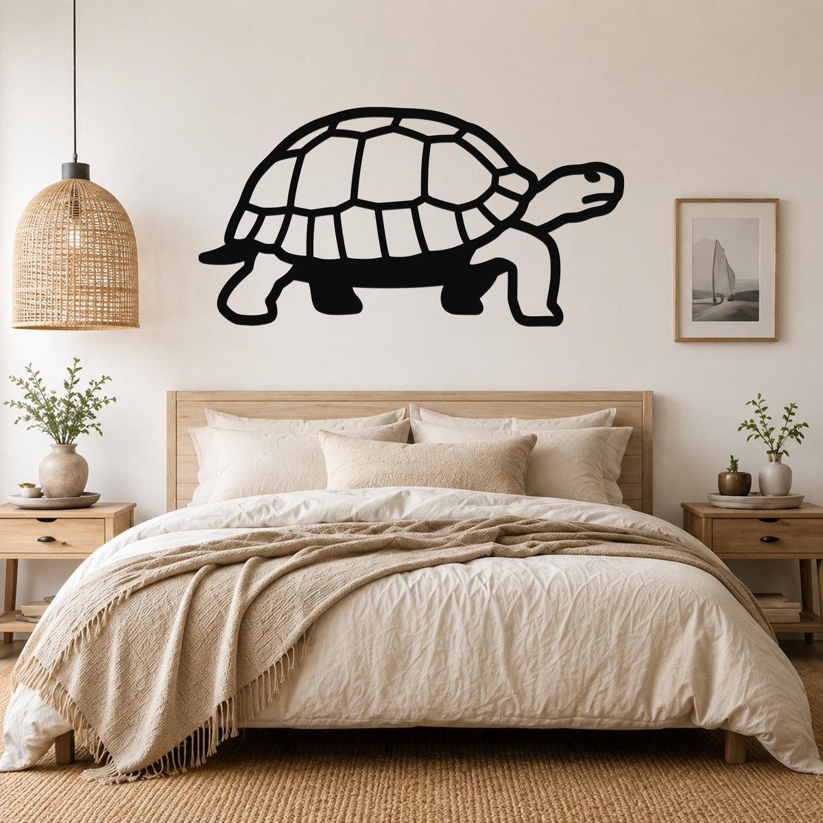 Black metal tortoise wall art with a cutout shell design, mounted above a wooden bed in a neutral bedroom.