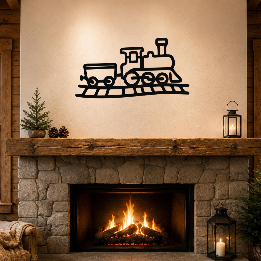 Black metal train wall art with a classic locomotive and car silhouette, mounted above a stone fireplace in a cozy living room.