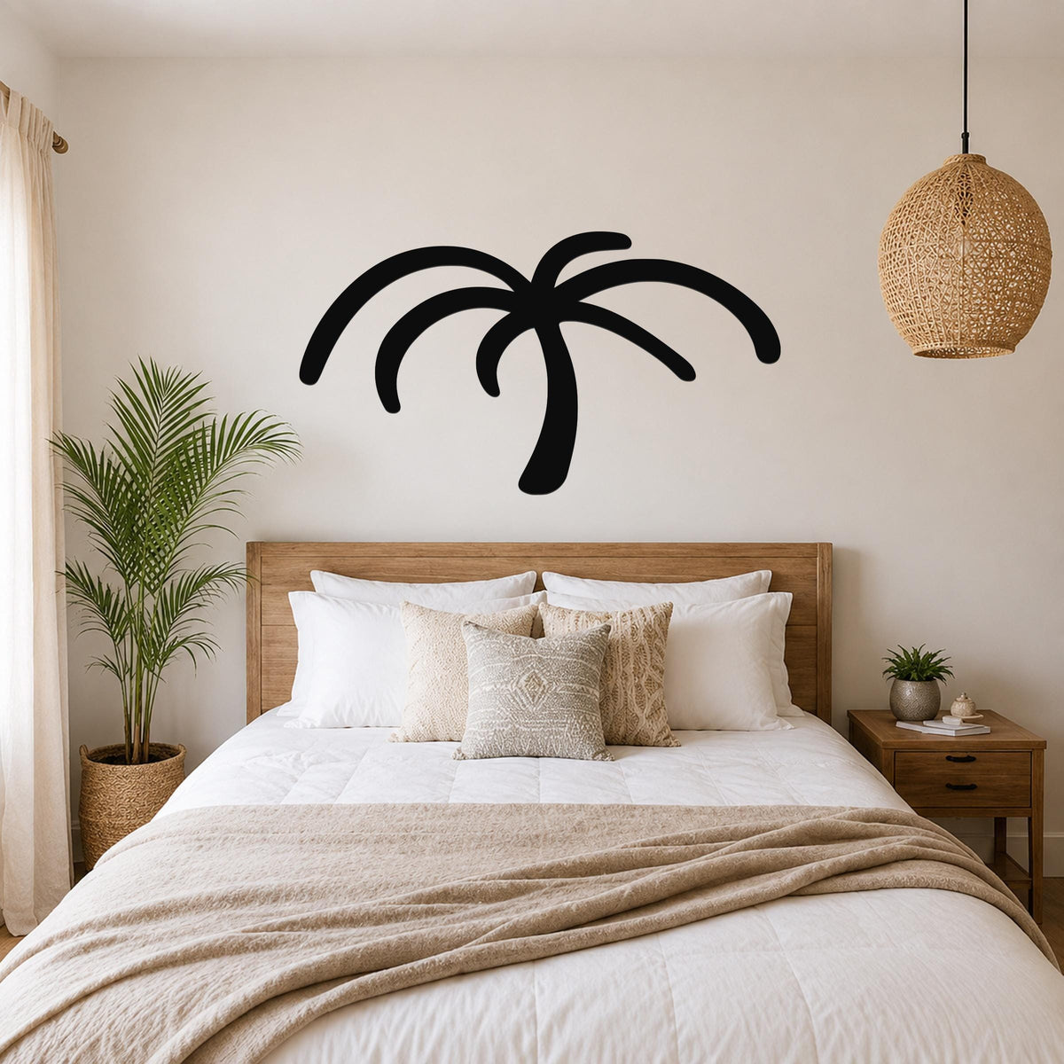 Black metal palm tree wall art with curved frond cutouts, mounted above a wooden bed in a neutral bedroom.