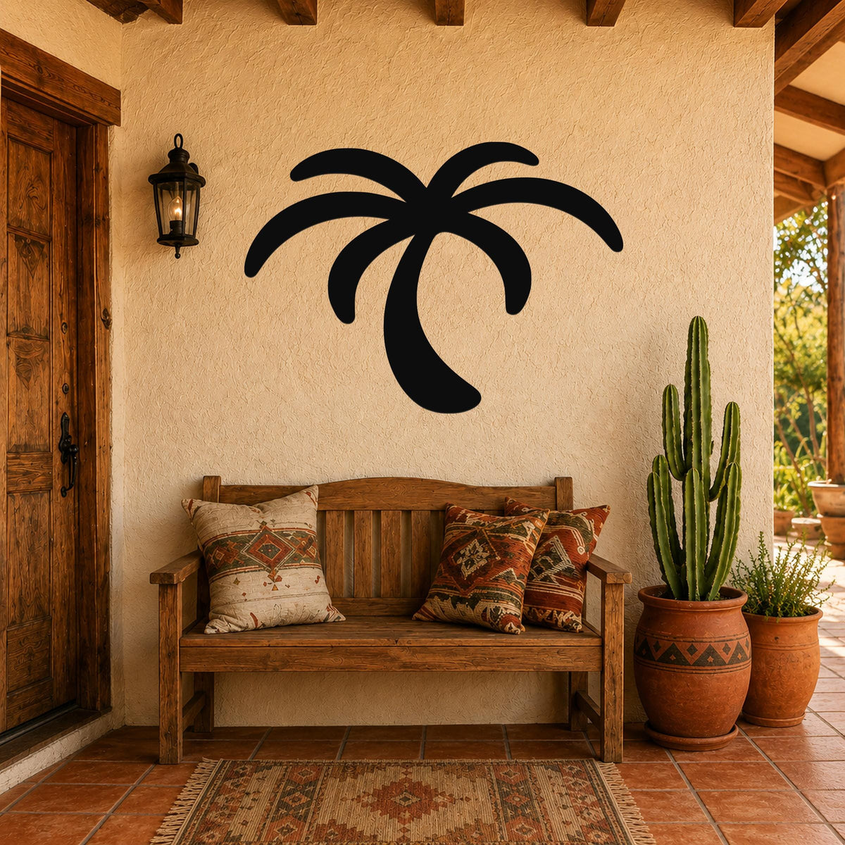 Black metal palm tree wall art silhouette mounted on a stucco wall above a wooden bench in a patio entryway.