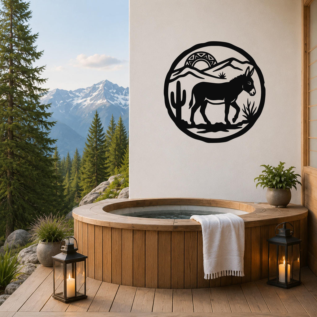 Black metal wall art featuring a burro silhouette in a desert scene with cactus and mountains, mounted on a white wall above a wooden hot tub on a deck.