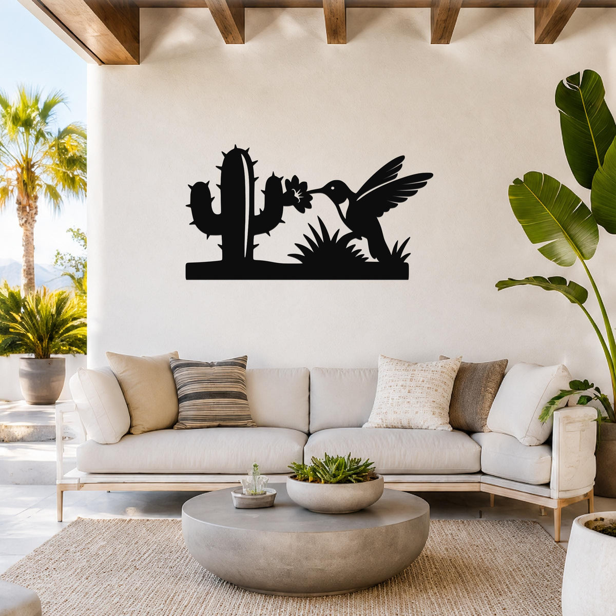 Southwestern Decor Metal Wall Art - Desert Wildlife Silhouette - Hummingbird and Saguaro Design, Steel, Indoor Outdoor Accent