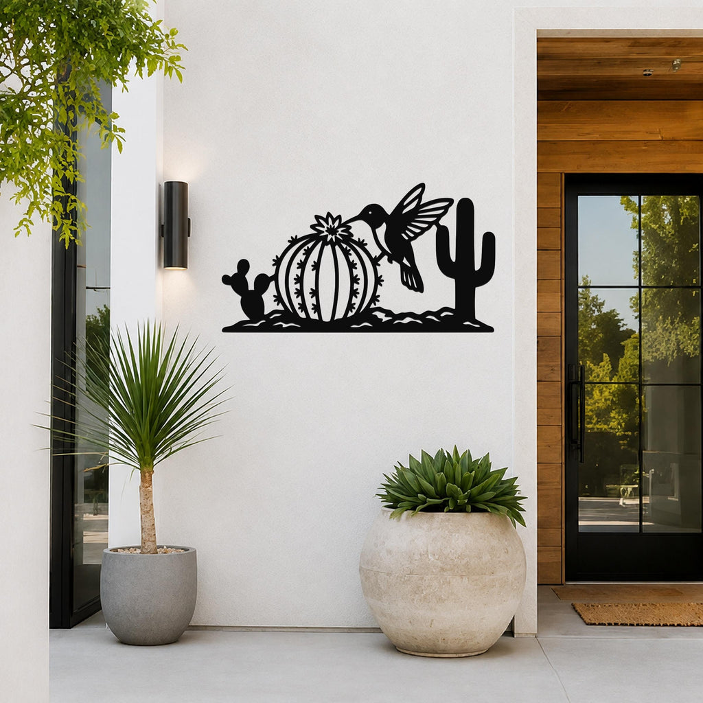 Southwestern Decor Metal Wall Art - Desert Wildlife Sculpture Hummingbird And Barrel Cactus, Weatherproof, Indoor Outdoor Accent