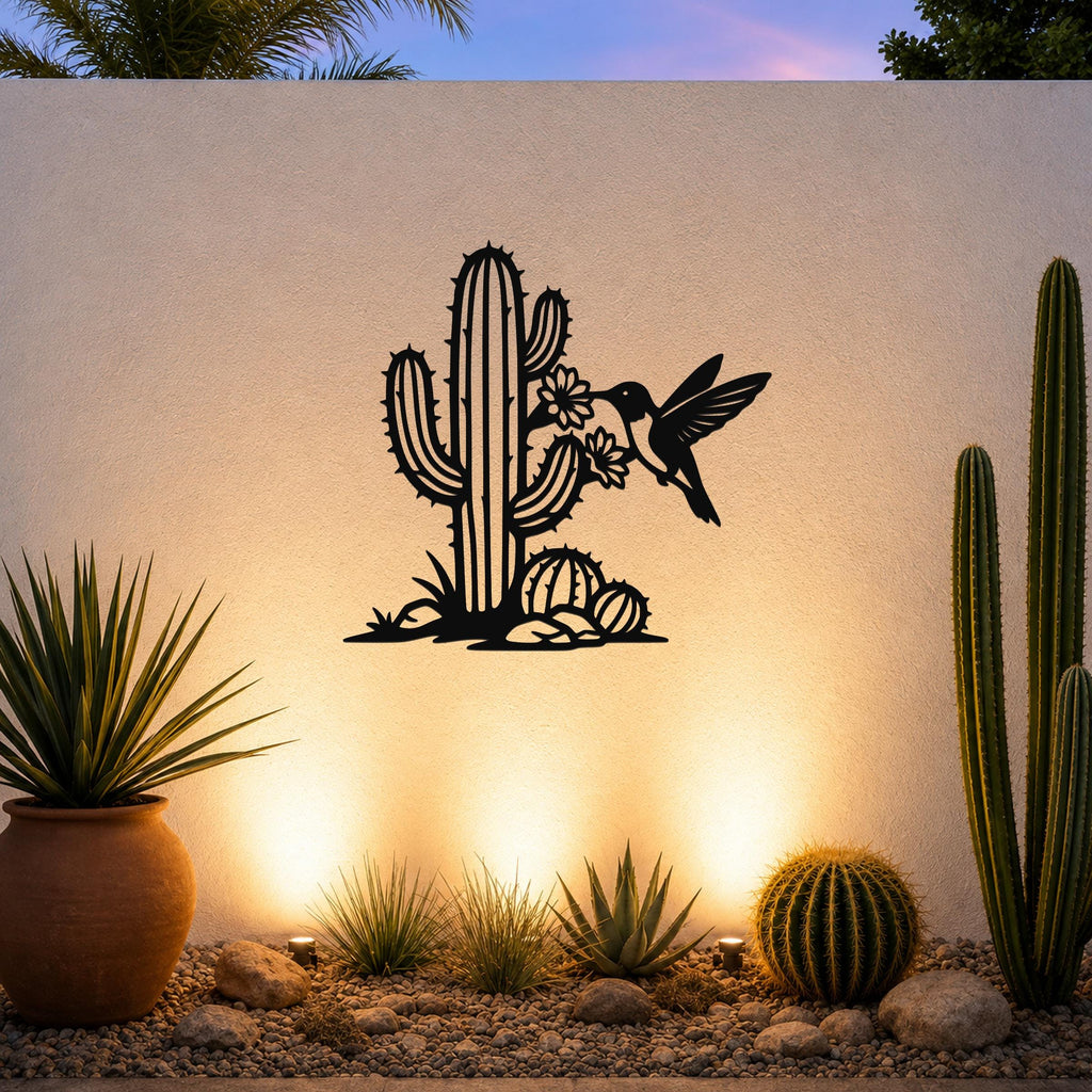 Southwestern Decor Metal Wall Art - Sonoran Desert Scene with Layered Cactus and Hummingbird - Weatherproof Steel, Indoor Outdoor Display