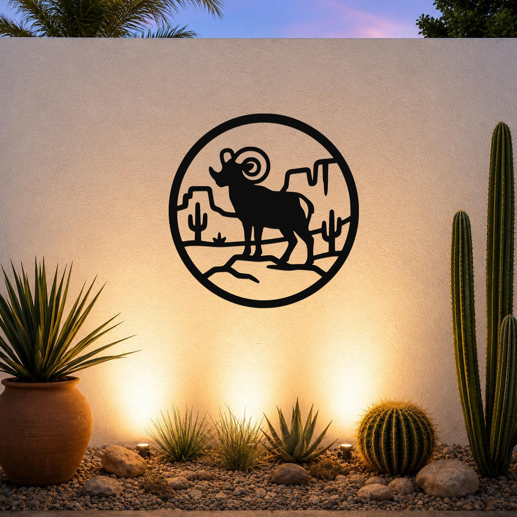 Bighorn Sheep Metal Wall Art - Western Wildlife Decor, Curled Horns Design - Weatherproof Steel, Indoor Outdoor Accent