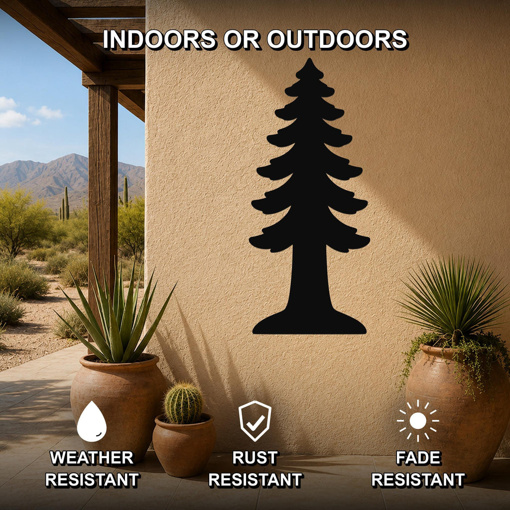 Black metal redwood tree wall art silhouette mounted on an outdoor patio wall, flanked by potted plants and shown with weather, rust, and fade resistance icons.