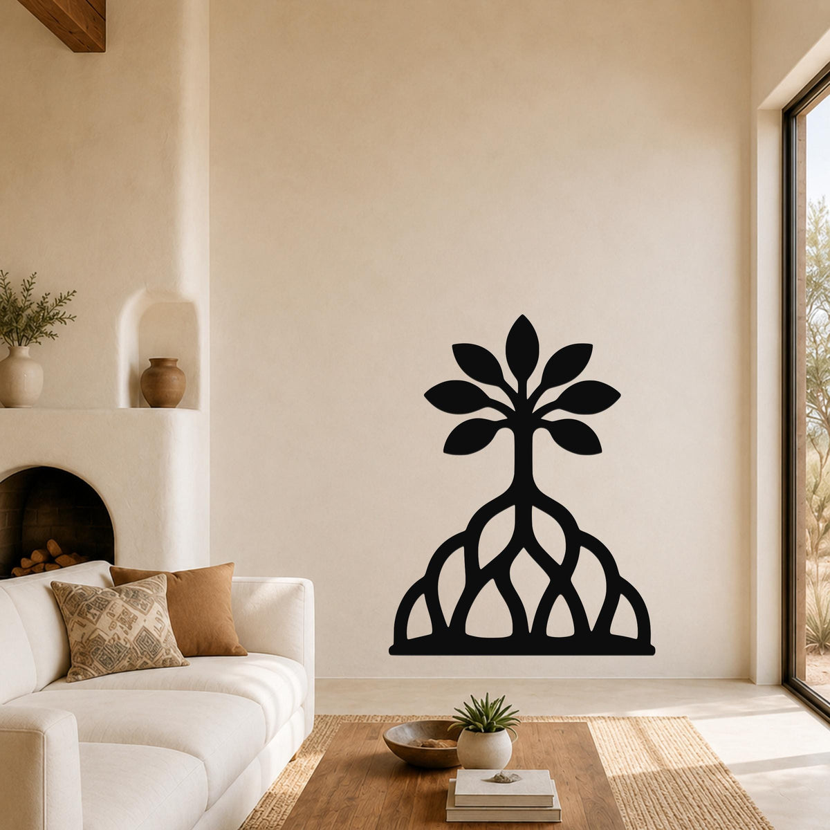 Black metal wall art of a tree with leafy top and intricate root cutouts, mounted on a living room wall above a sofa.