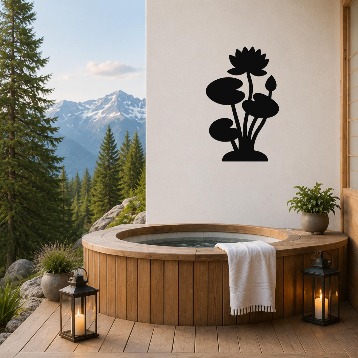 Black metal lotus water lily wall art silhouette mounted on a white wall above a wooden hot tub on a mountain-view patio.