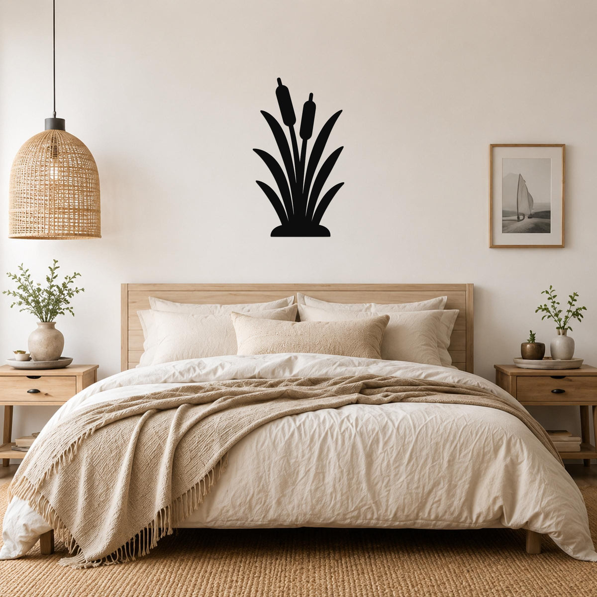 Black metal cattail wall art silhouette mounted above a wooden bed in a neutral bedroom.