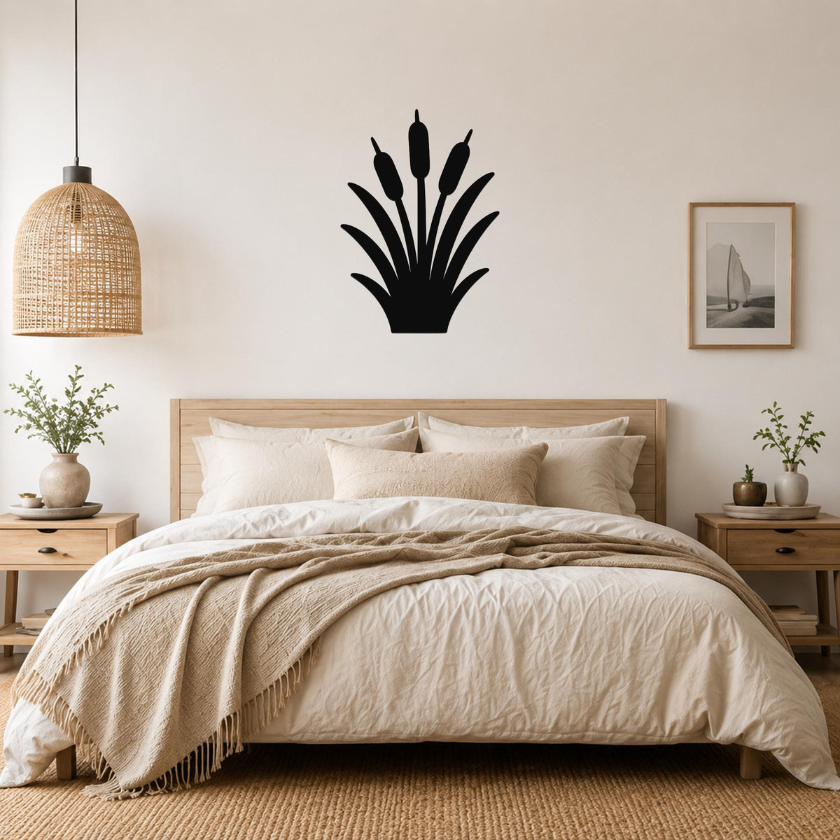 Black metal cattail wall art silhouette mounted above a wooden bed in a neutral bedroom.