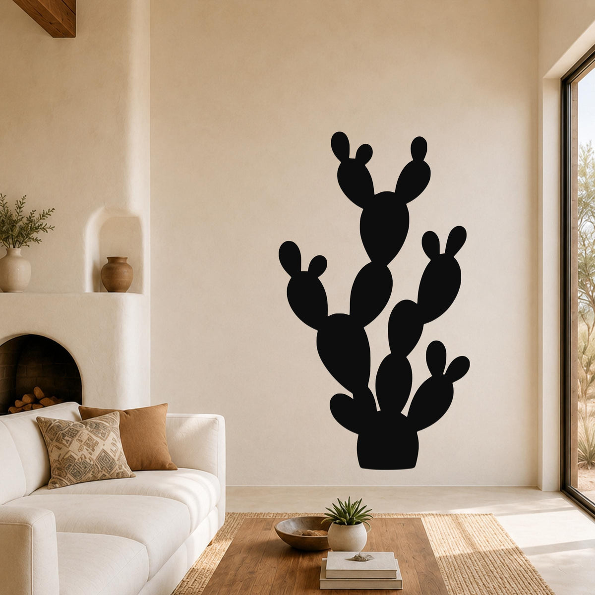 Black metal wall art in the silhouette of a prickly pear cactus, mounted on a living room wall above a white sofa.