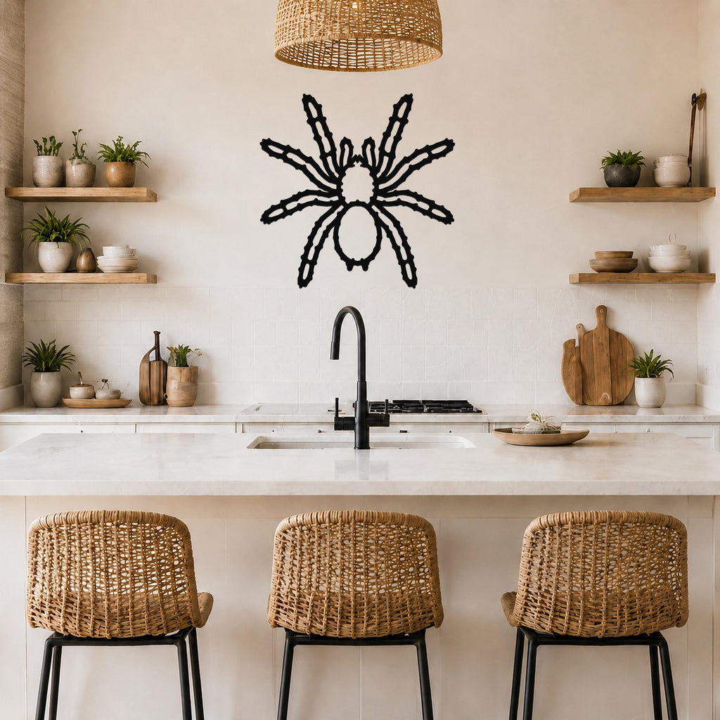 Black metal spider wall art with detailed leg cutouts, mounted on a kitchen wall above a counter with wicker bar stools.