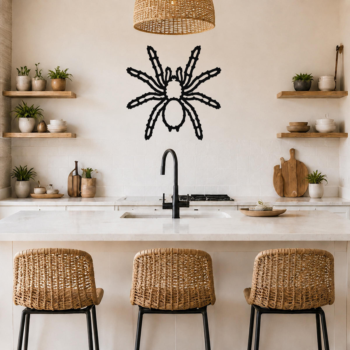 Black metal spider wall art with detailed leg cutouts, mounted on a kitchen wall above a counter with wicker bar stools.