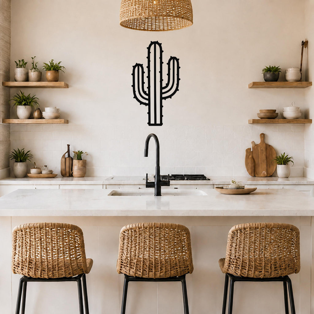 Black metal wall art in the silhouette of a saguaro cactus with spines, mounted on a kitchen wall above a counter.