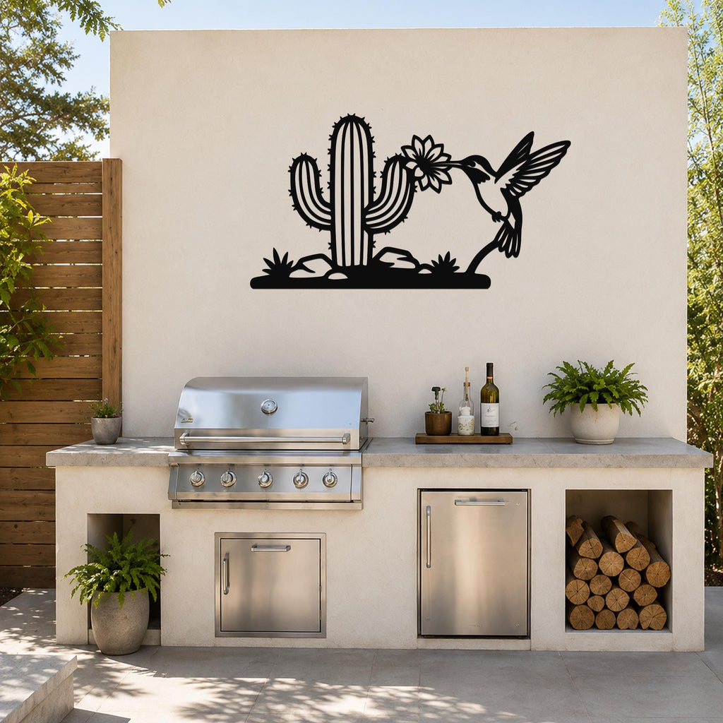 Metal Wall Art Desert Wildlife Sculpture - Sonoran Hummingbird with Saguaro Cactus, Weatherproof Steel, Indoor Outdoor Southwestern Decor