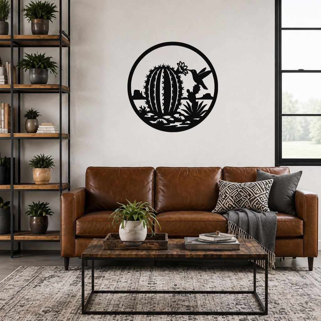Barrel Cactus Metal Wall Art: Desert Hummingbird Silhouette - Weatherproof Steel, Indoor Outdoor Use, Southwestern Style