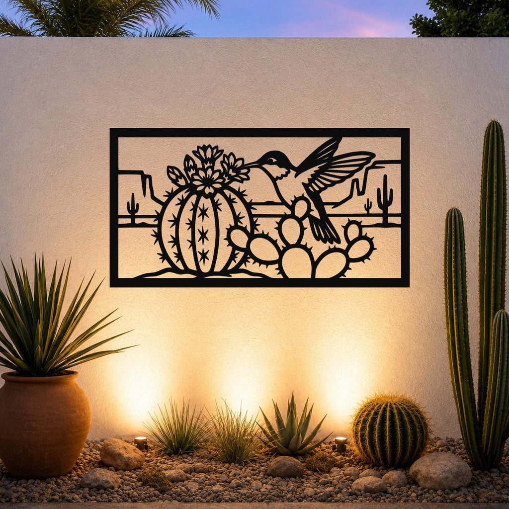 Desert Wildlife Art Metal Bird Sculpture: Southwest Botanical Scene, Weatherproof Metal (Indoor Outdoor Use, Nature Inspired Wall Decor)