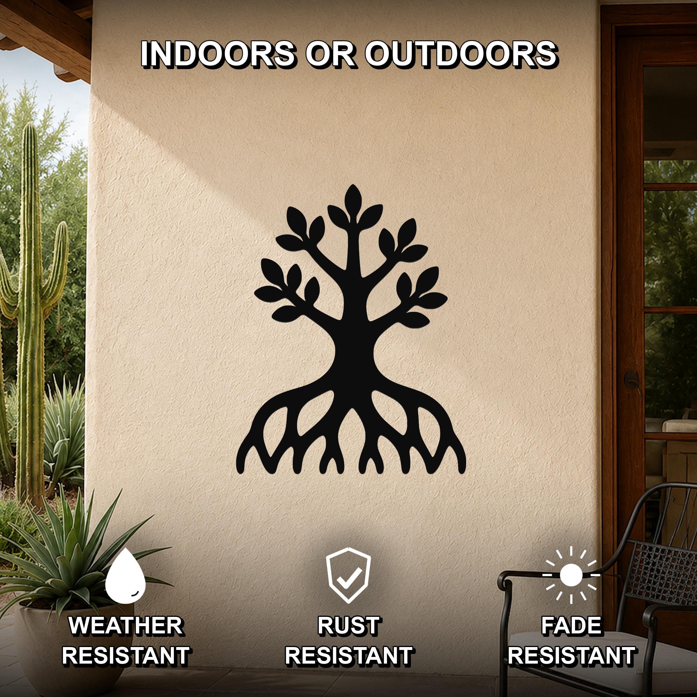 Black metal tree wall art with visible roots and leaf cutouts, mounted on an outdoor patio wall, weather, rust, and fade resistant.