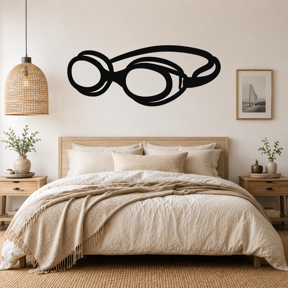 Black metal swim goggles wall art silhouette mounted above a bed in a neutral bedroom.