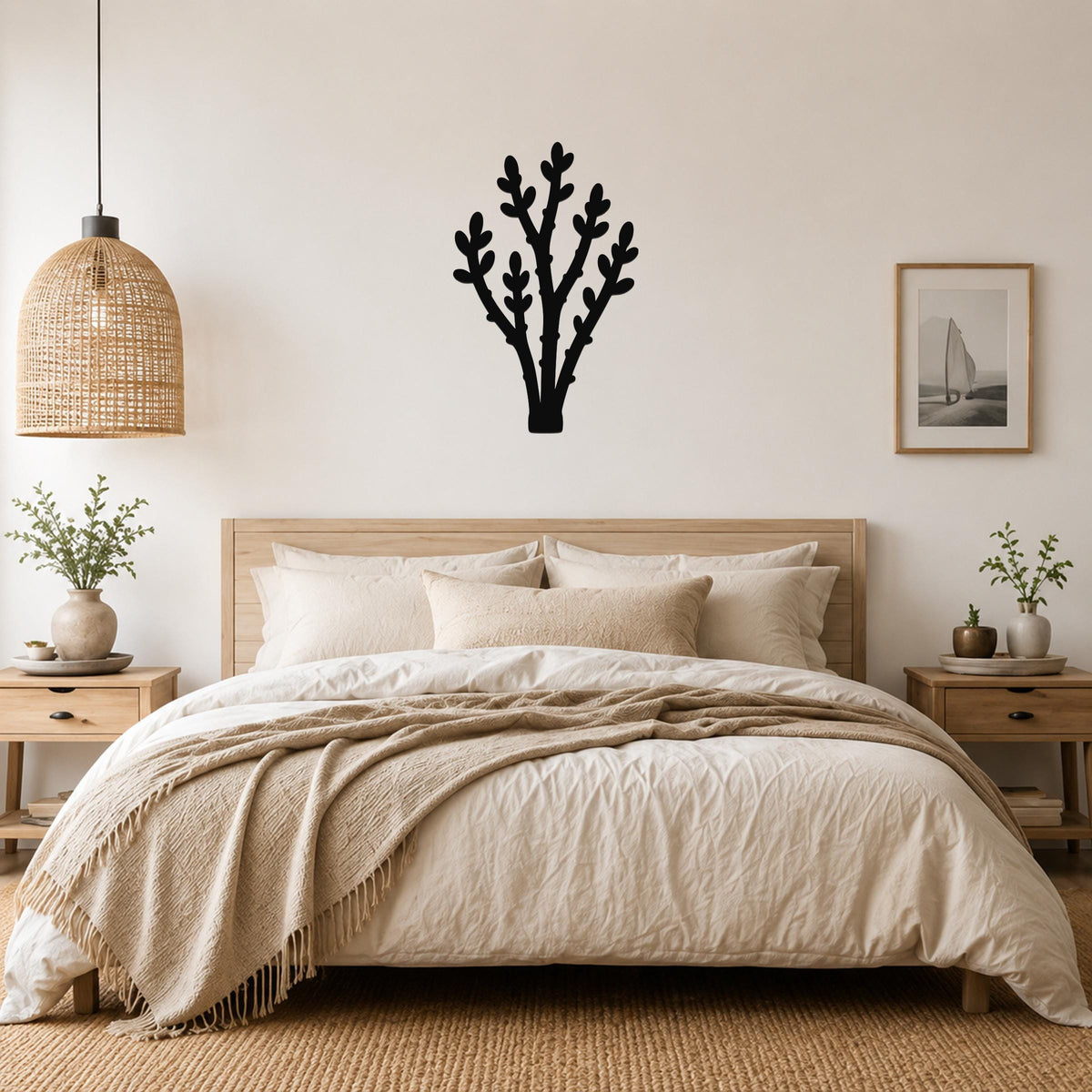 Black metal wall art in a desert branch silhouette, mounted above a bed in a neutral bedroom.