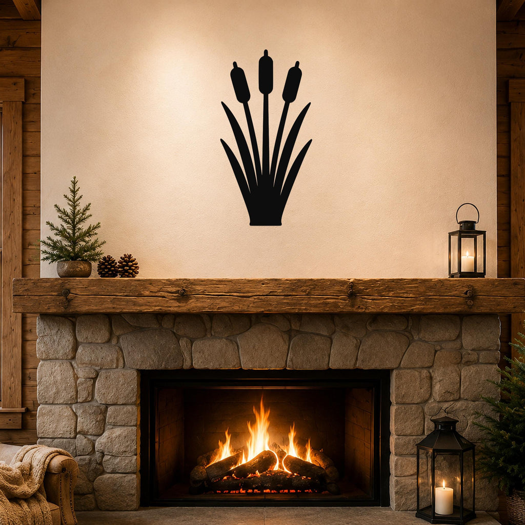 Black metal cattail wall art silhouette mounted above a stone fireplace in a rustic living room.