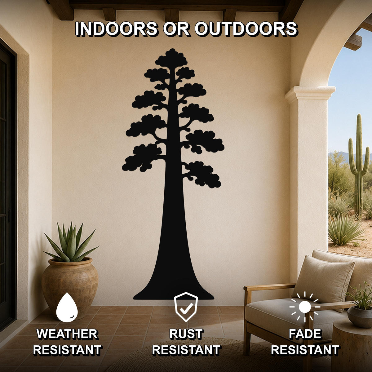 Black metal sequoia tree wall art with layered branch cutouts, mounted on a beige outdoor patio wall above a wooden chair and potted succulent.