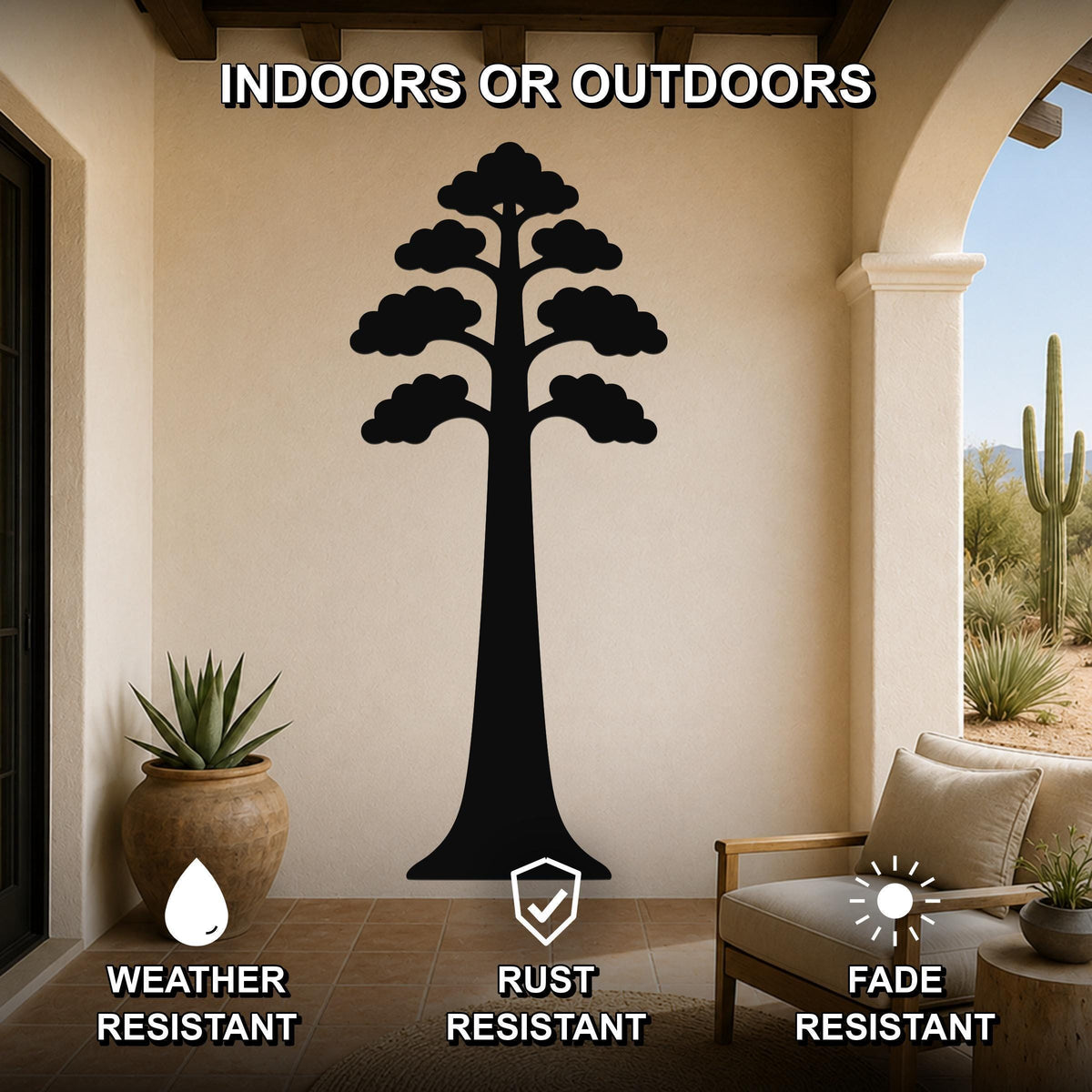 Black metal Sequoia tree wall art with layered branch cutouts, mounted on a beige outdoor patio wall above a wooden chair and potted succulent.