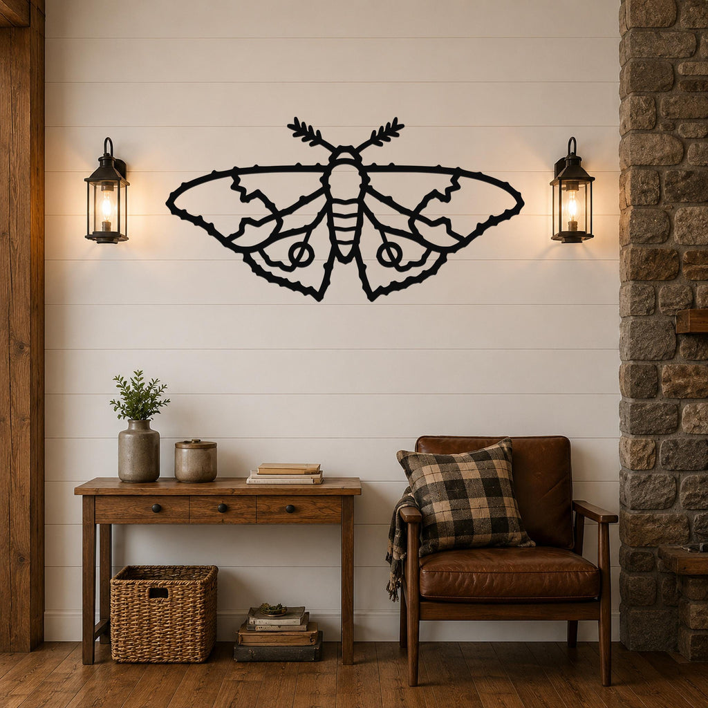 Black metal moth wall art with detailed wing cutouts, mounted on a shiplap wall above a wooden console table in a living room.